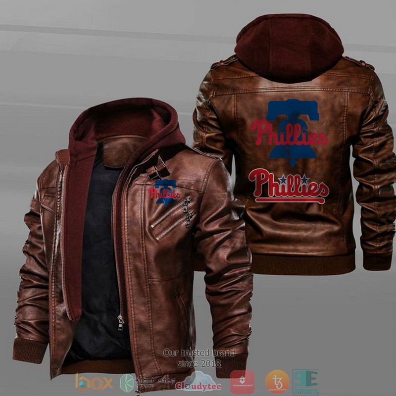 Philadelphia Phillies Black Brown Leather Jacket 2 Philadelphia Phillies Black Brown Leather Jacket 1