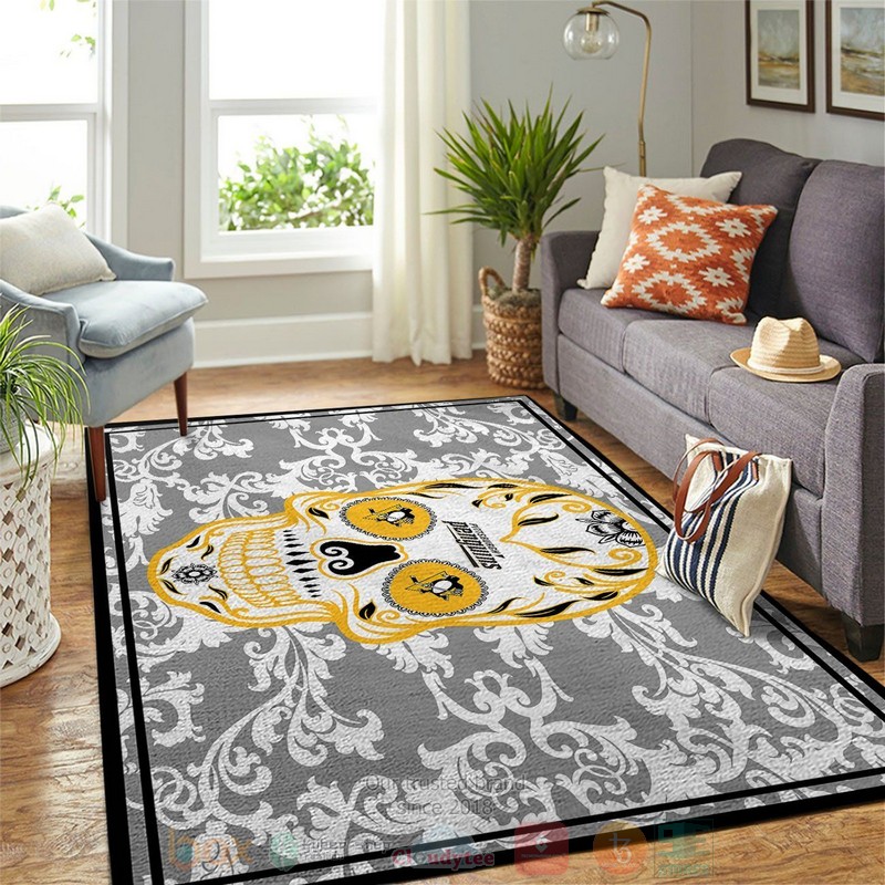 Pittsburgh Penguins NHL Team Logo Skull Flower Area Rugs