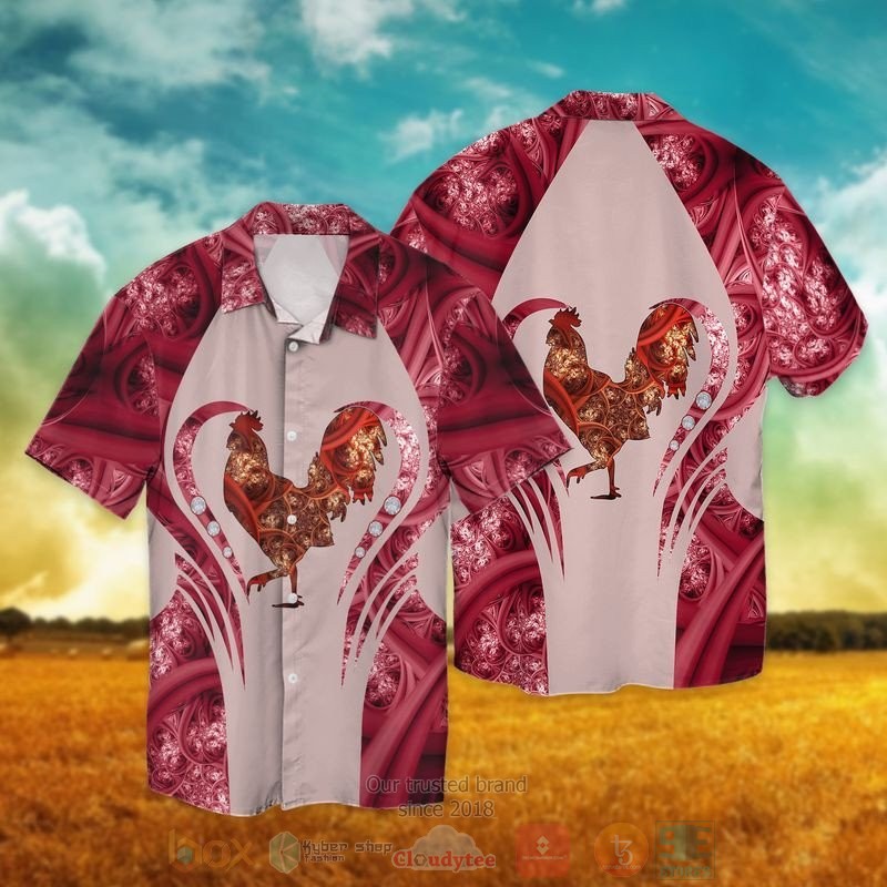 Rooster Pattern Heart Short Sleeve Hawaiian Shirt