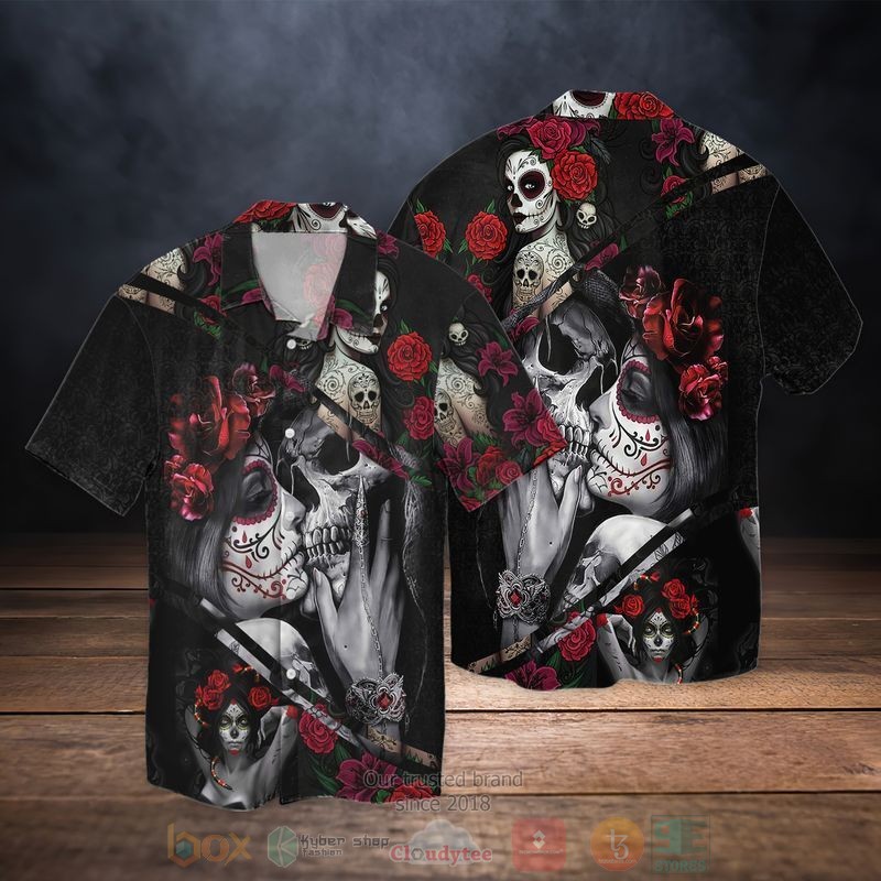 BEST Roses Skull Romance Couple All Over Print Aloha Shirt 1 Roses Skull Romance Couple Short Sleeve Hawaiian Shirt