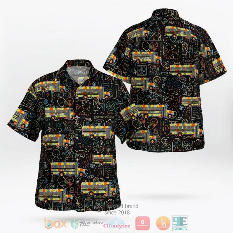 School Bus World Autism Awareness Day Hawaiian Shirt word2