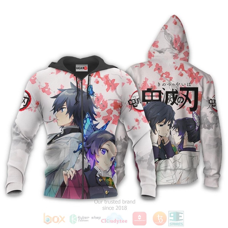 Shinobu and Giyuu Custom Kimetsu Anime Valentines White 3D Hoodie Bomber Jacket