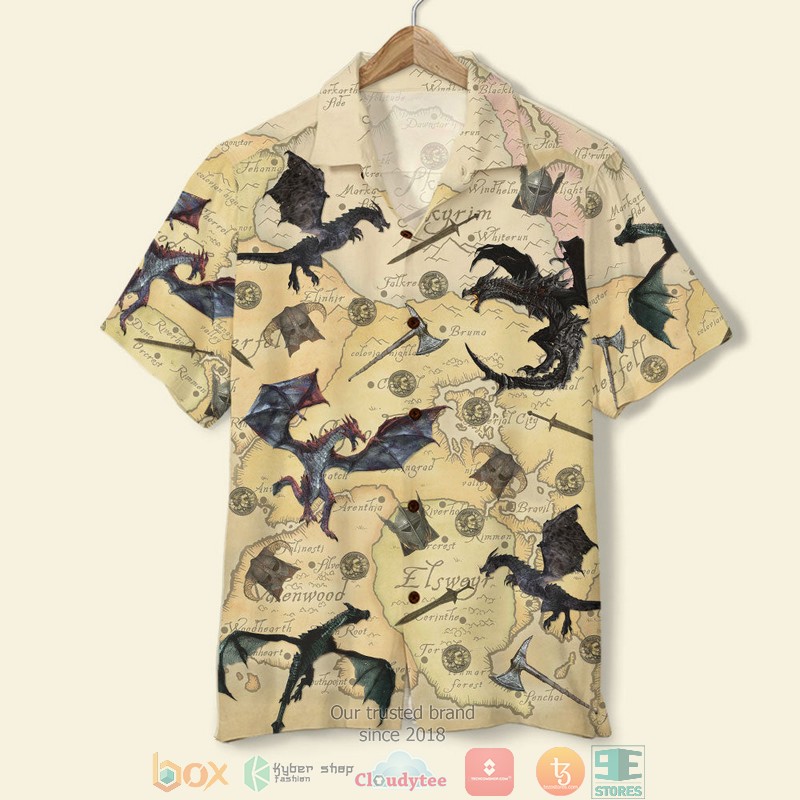 BEST T.E.S. Game Skyrim The Game with Dragons and Old Tamriel Map Pattern Hawaii Shirt, Shorts word1