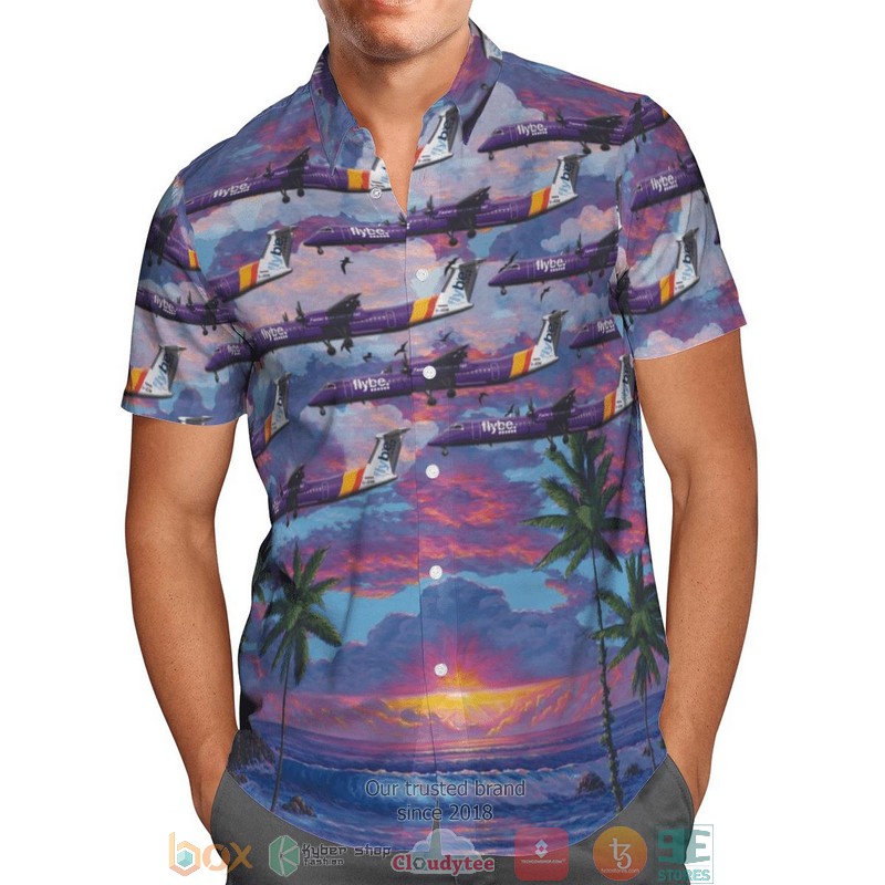 NEW UK Airlines Flybe Bombardier DHC-8-402 Q400 Hawaii Shirt 2 UK Airlines Flybe Bombardier DHC 8 402 Q400 Hawaiian Shirt 1