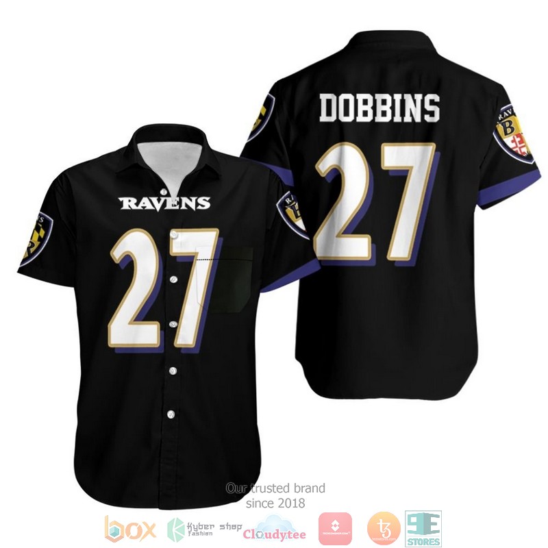 Baltimore Ravens J K Dobbins 27 Black Jersey Inspired Hawaiian Shirt 9