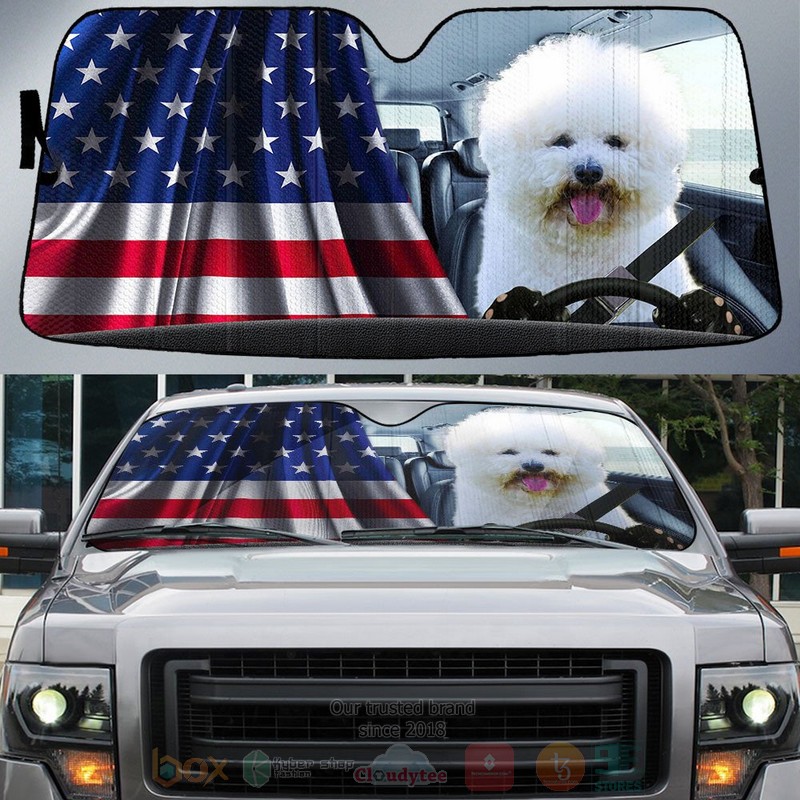 BEST Bichon Frise And American Flag Independent Day Car Windshield Sunshade