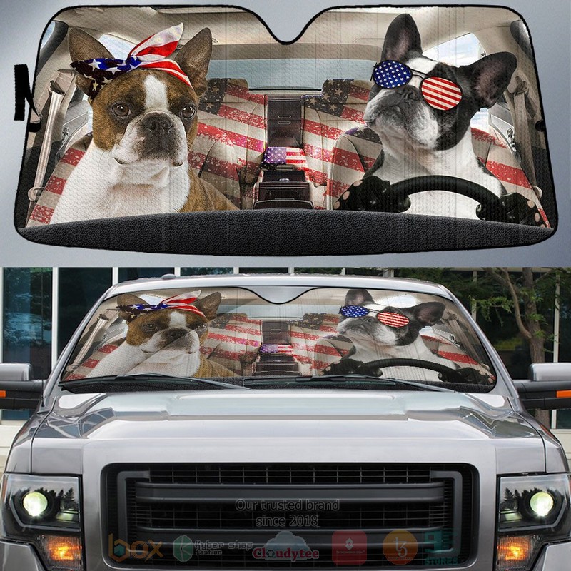 BEST Boston Terrier American Flag Independence Day Car Windshield Sunshade
