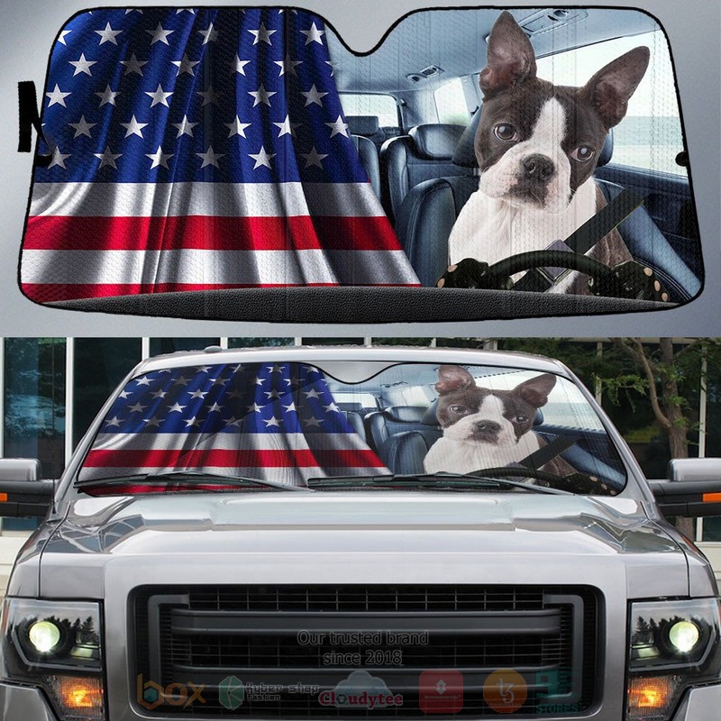BEST Boston Terrier And American Flag Independent Day Car Windshield Sunshade