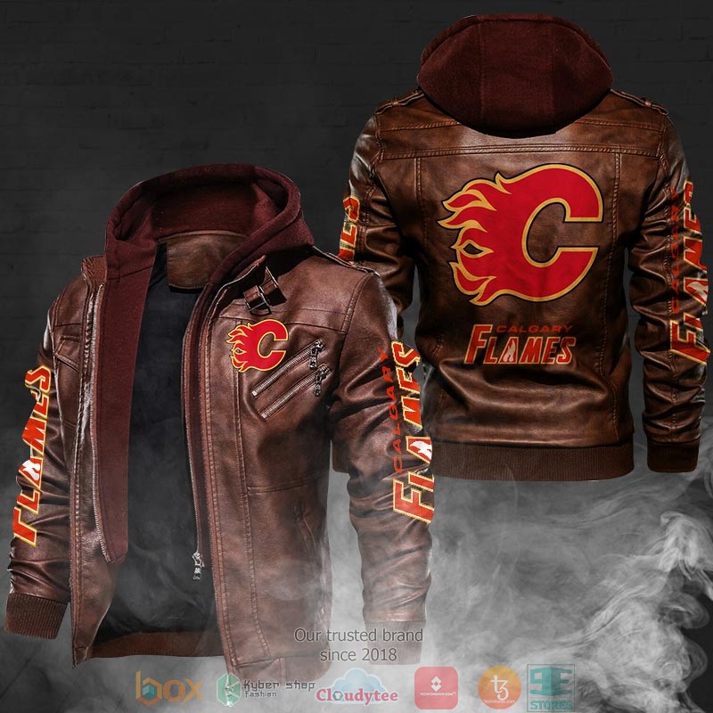 NEW Calgary Flames PU Leather Jacket word1
