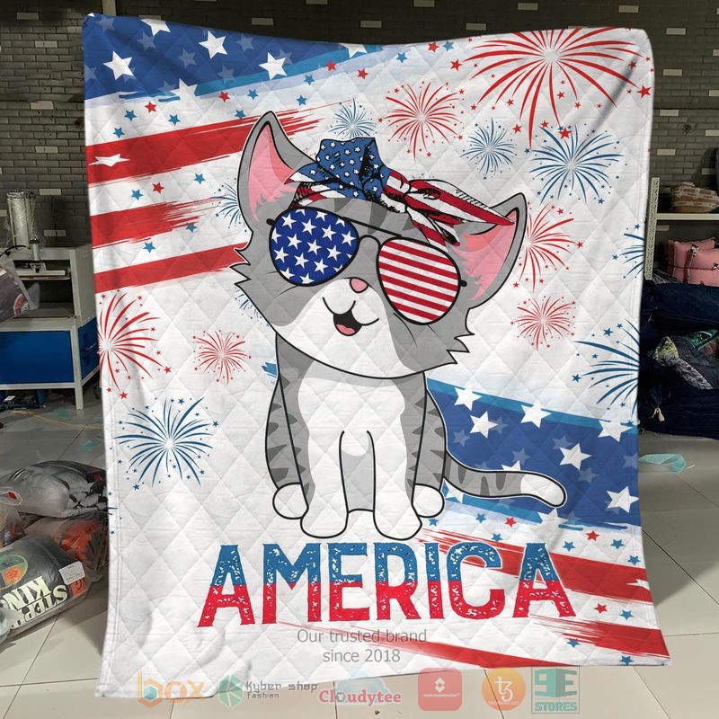 HOT Cat Kitten America Independence Day Blanket Quilt word2