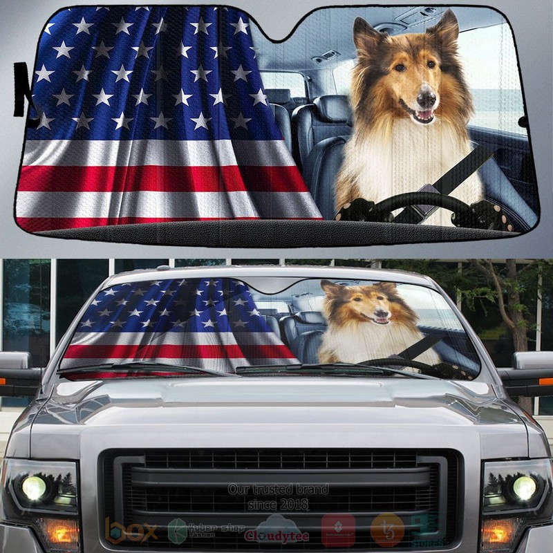BEST Collie And American Flag Independent Day Car Windshield Sunshade word2