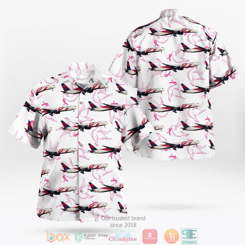 NEW Delta Air Lines Boeing 767-432 ER Breast Cancer Awareness Pink Ribbon Livery Aloha Shirt word1