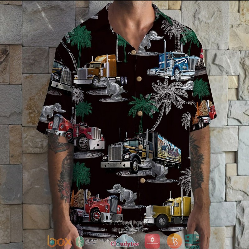 Duck Truck Pattern Coconut Black Hawaiian shirt word1