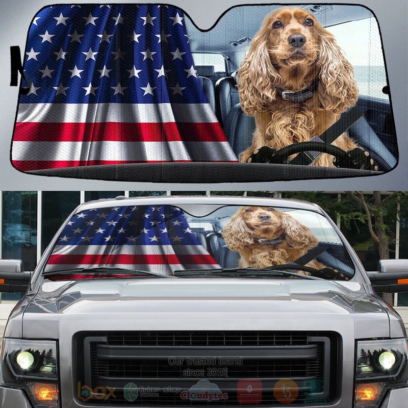 BEST English Cocker Spaniel And American Flag Independent Day Car Windshield Sunshade