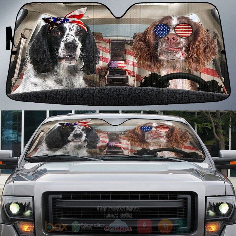 BEST English Springer Spaniel American Flag Independence Day Car Windshield Sunshade