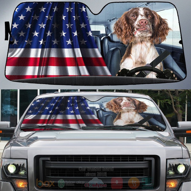 BEST English Springer Spaniel And American Flag Independent Day Car Windshield Sunshade
