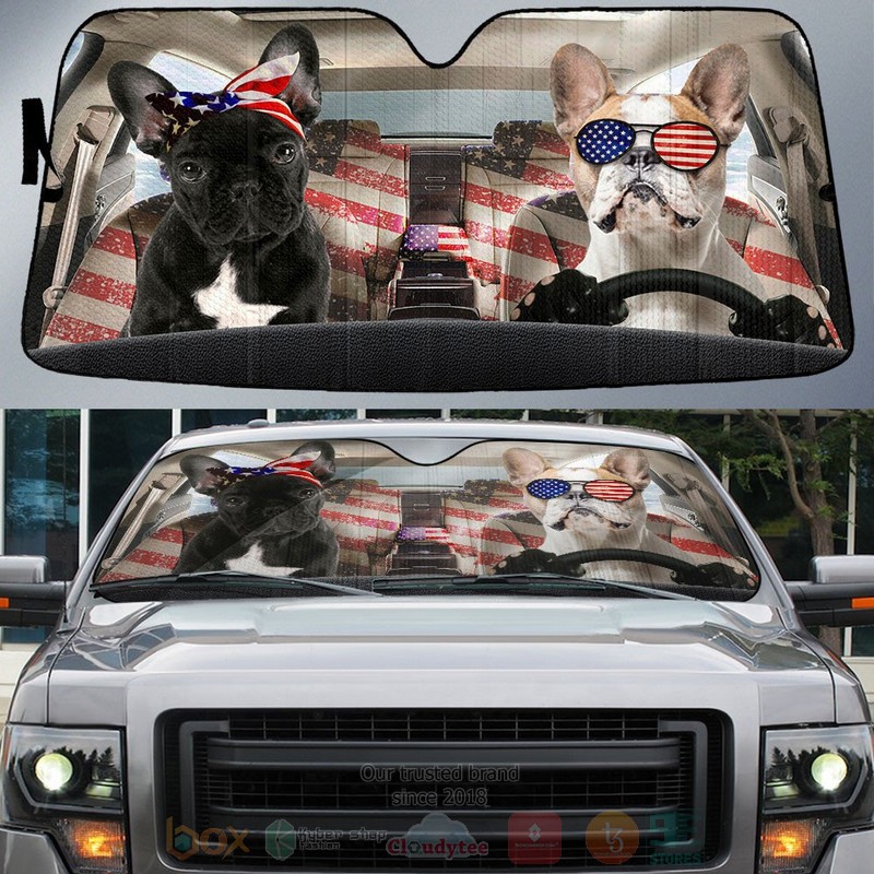 BEST French Bulldog American Flag Independence Day Car Windshield Sunshade