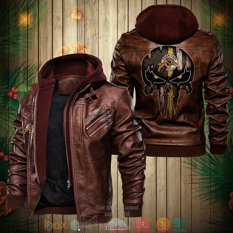 NEW Hamilton Tiger-Cats Punisher Skull PU Leather Jacket word2