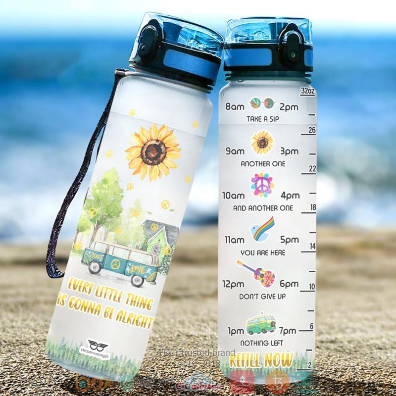 Peace Symbol Bus Hippie Every Little Thing Is Gonna Be Alright Sunflower Water Bottle