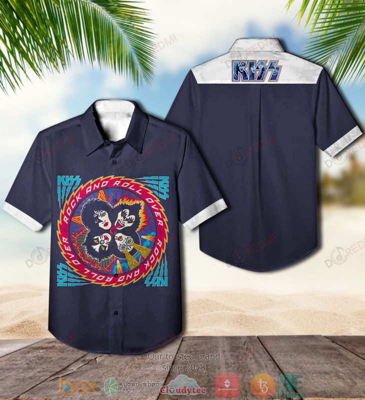 Kiss Band Rock and Roll Over navy Short Sleeve Hawaiian Shirt word3