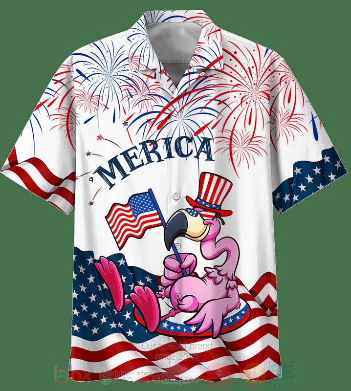 BEST Merica US Flag Flamingo White Aloha Hawaiian Shirt, Short