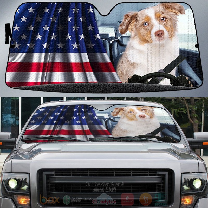 BEST Miniature American Shepherd And American Flag Independent Day Car Windshield Sunshade