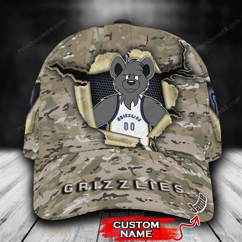 BEST NBA Memphis Grizzlies Camo Mascot Custom Name Cap Hat word1