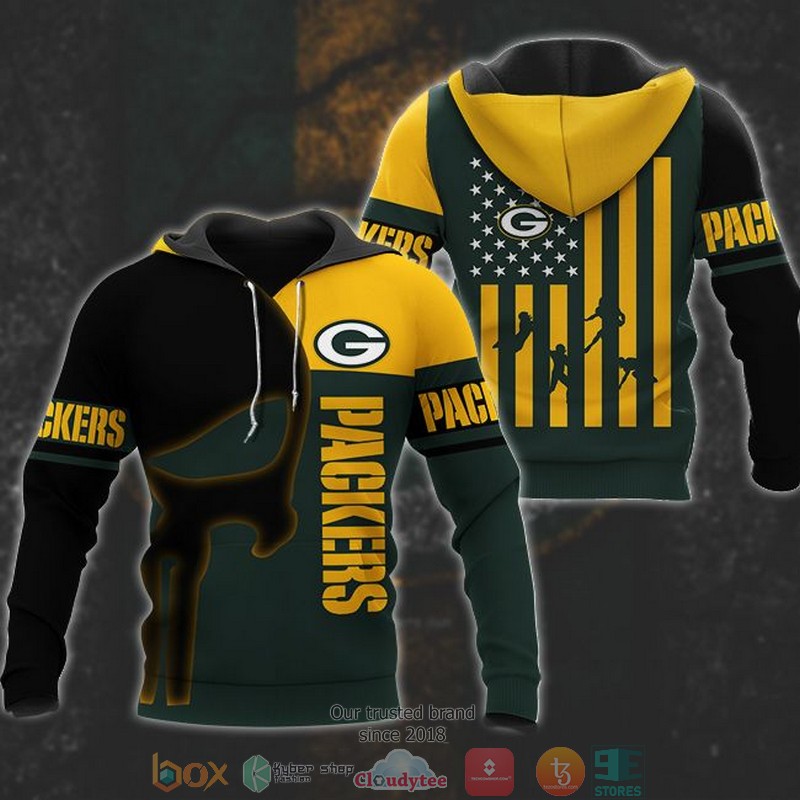 NEW Green Bay Packers Punisher Skull United States Flag 3D Hoodie word3