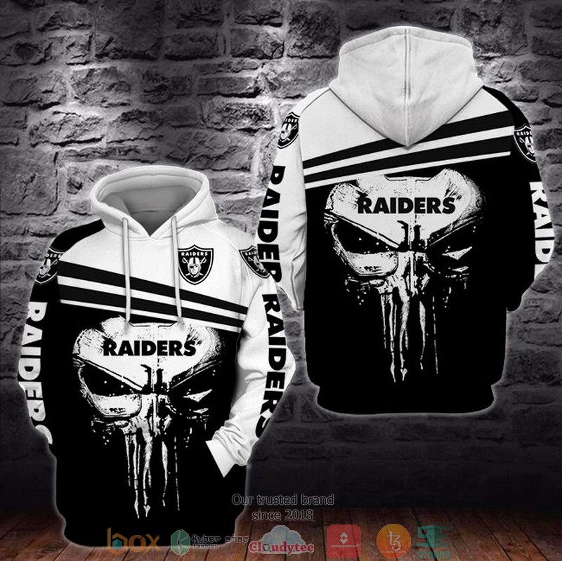 NFL Las Vegas Raiders Black and White Punisher Skull 3d hoodie word2