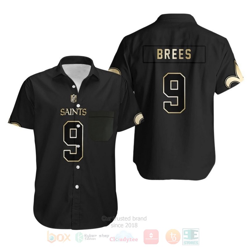 BEST NFL New Orleans Saints 9 Drew Brees Black Golden Mens 3D Aloha Shirt 5