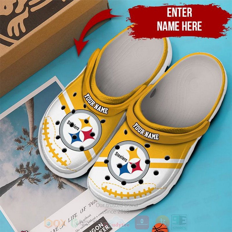 BEST NFL Pittsburgh Steelers Custom Name White-Yellow Crocs Crocband Shoes