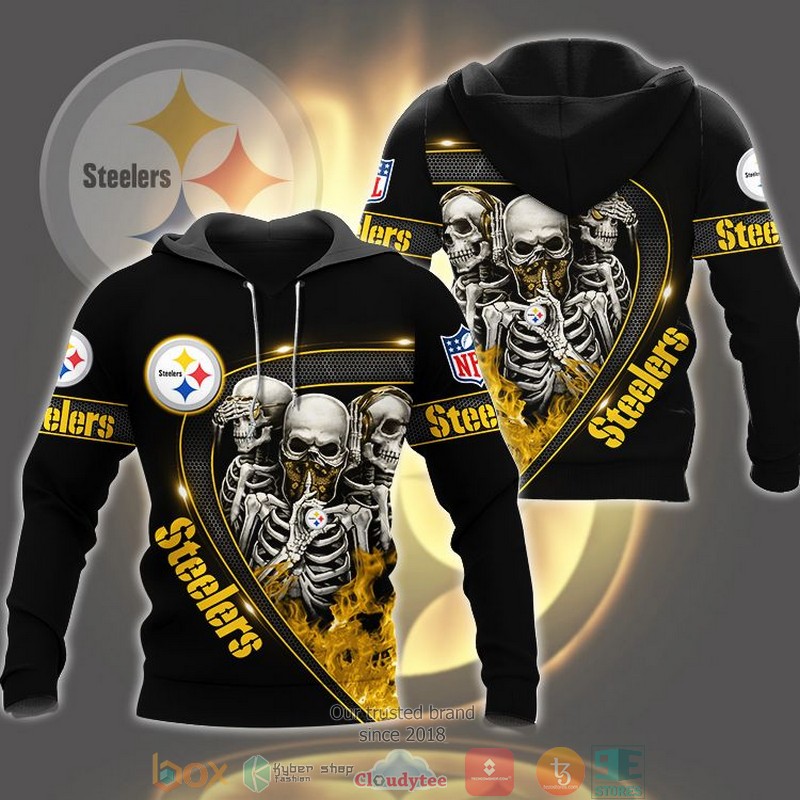 NFL Pittsburgh Steelers Human skeleton Flame Black 3d Hoodie word2