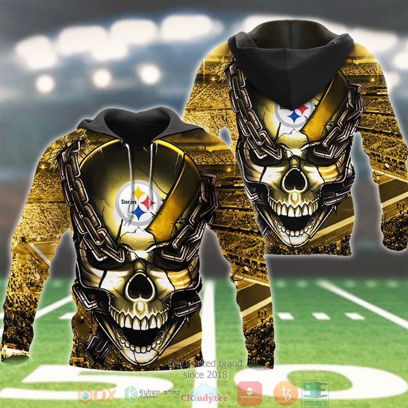NFL Pittsburgh Steelers Skull chain silver 3d hoodie word2