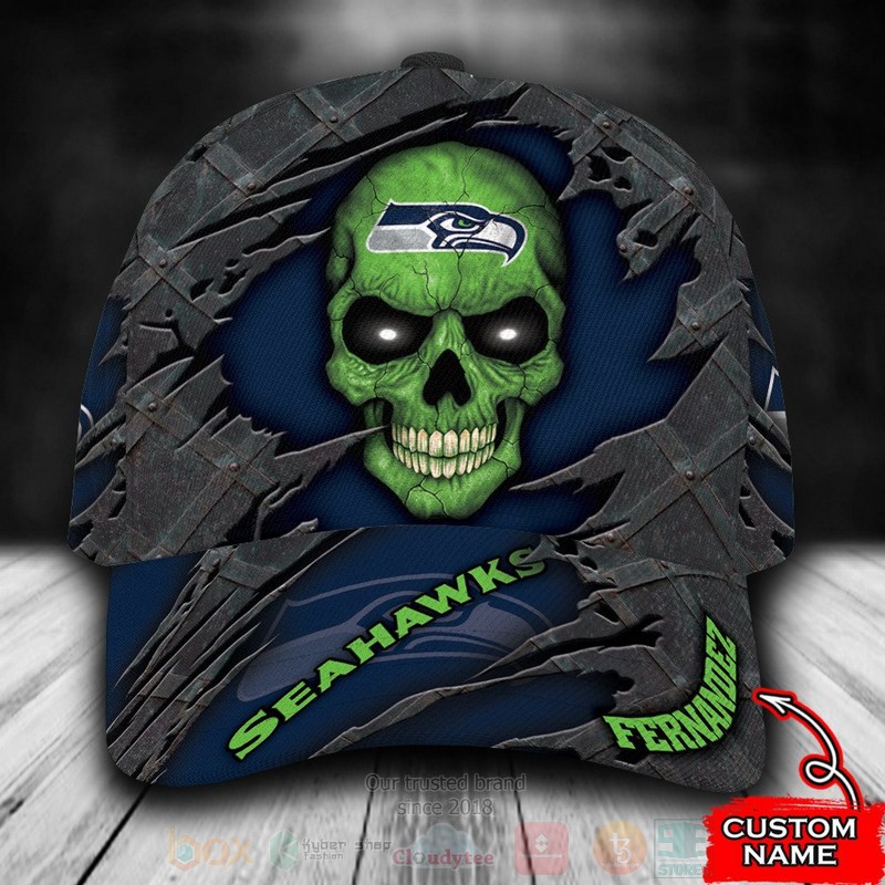 BEST Seattle Seahawks Skull NFL Custom Name Cap Hat