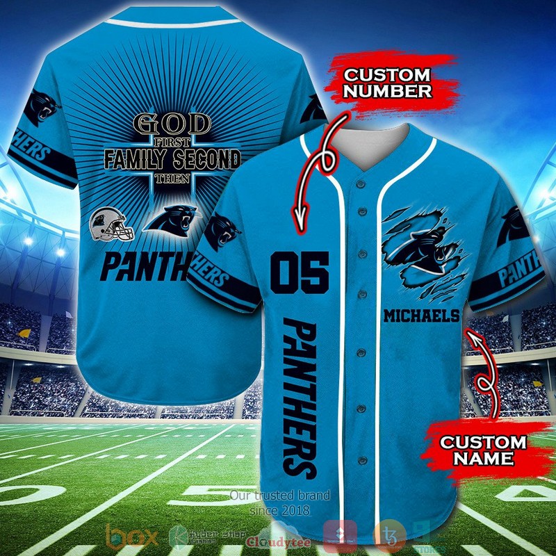 Personalized Carolina Panthers NFL God First Family Second then Baseball Jersey Shirt word2