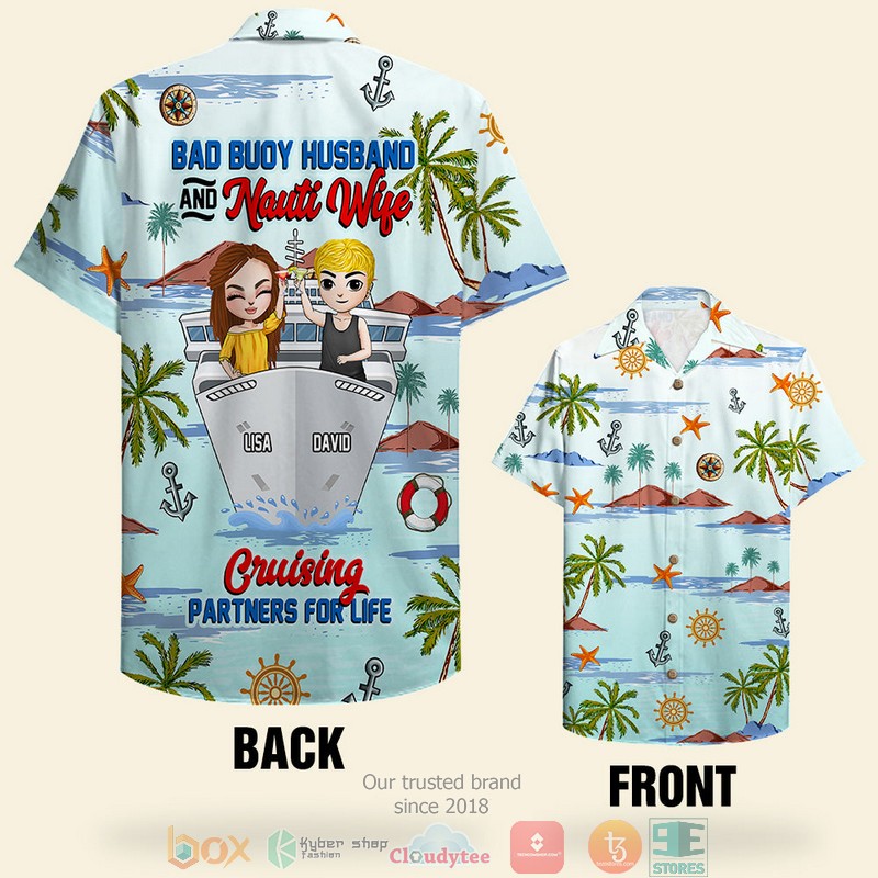 Personalized Cruising Couple Bad Buoy Husband And Nauti Wife Coconut Tree Pattern Hawaiian Shirt