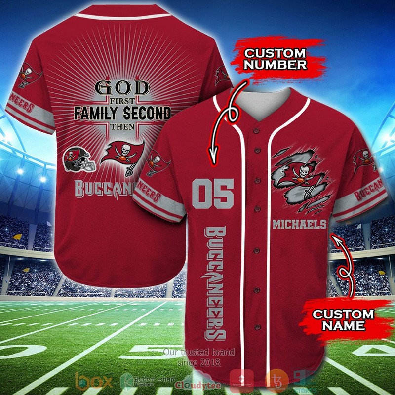 Personalized Tampa Bay Buccaneers NFL God First Family Second then Baseball Jersey Shirt word3
