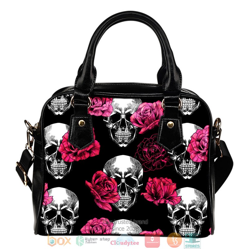 Pink Floral Skull Leather Handbag word2