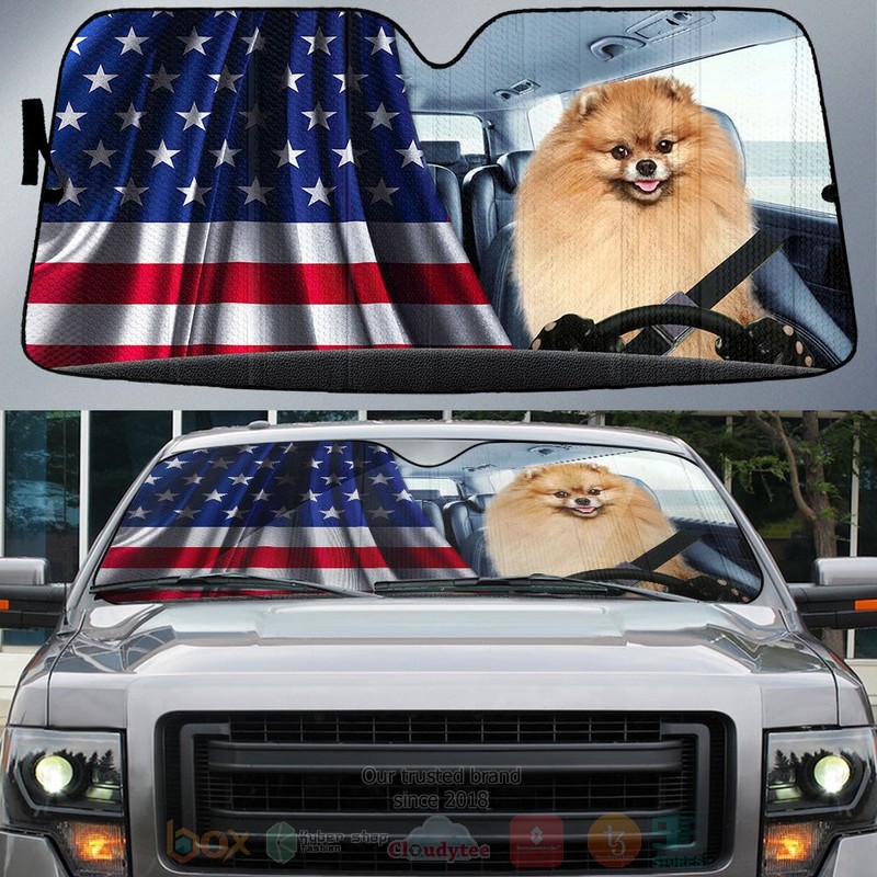 BEST Pomeranian And American Flag Independent Day Car Windshield Sunshade