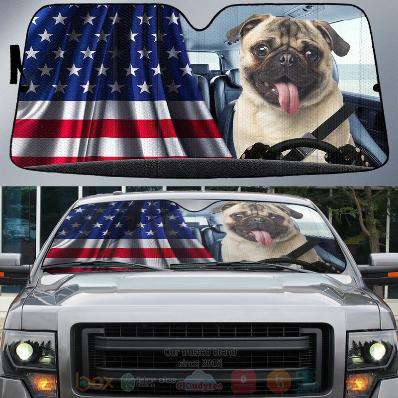 BEST Pug And American Flag Independent Day Car Windshield Sunshade