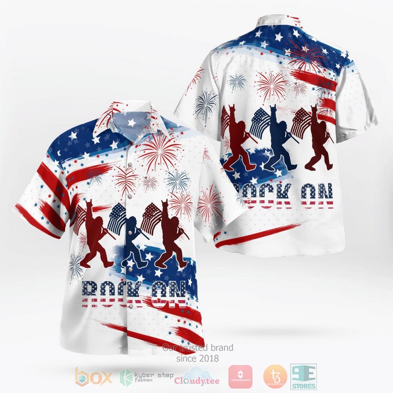 BEST Rock On flag holding Bigfoot 4th Of July Hawaii Shirt word3