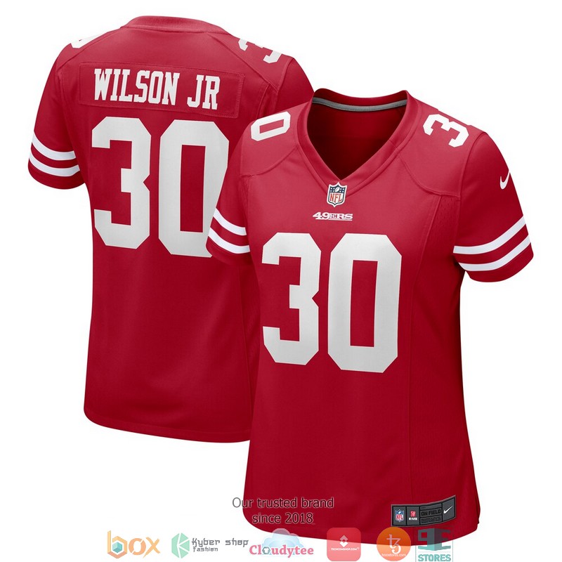 San Francisco 49ers Jeff Wilson Jr. Scarlet Football Jersey 3 San Francisco 49ers Jeff Wilson Jr. Scarlet Football Jersey word1