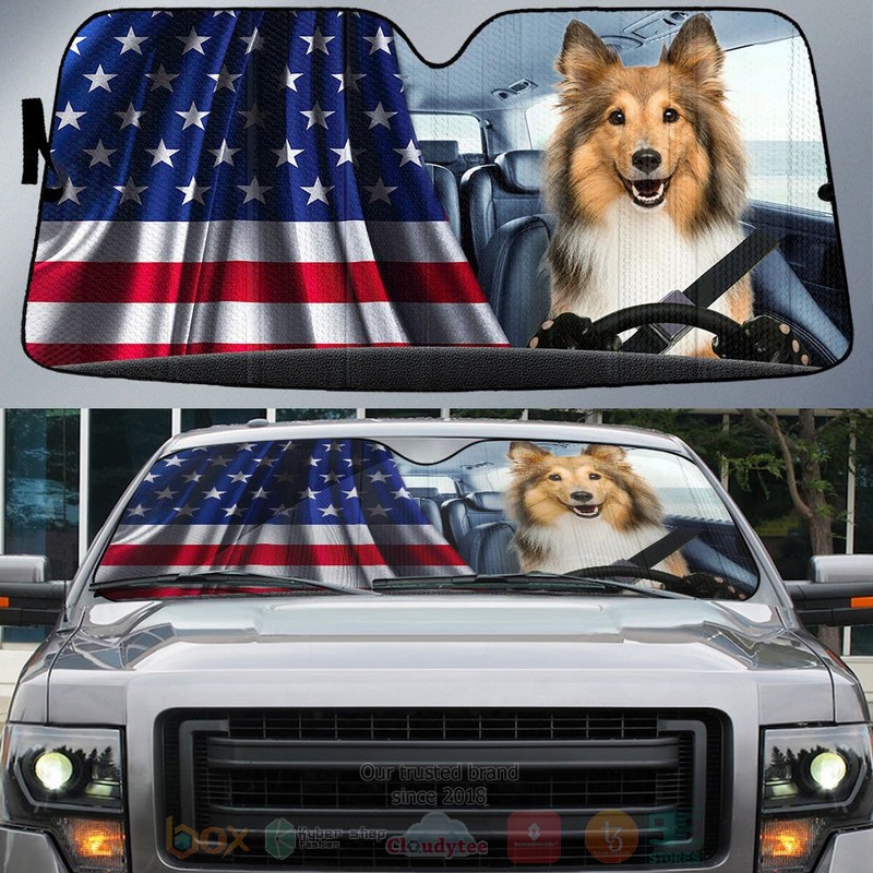 BEST Shetland Sheepdog And American Flag Independent Day Car Windshield Sunshade