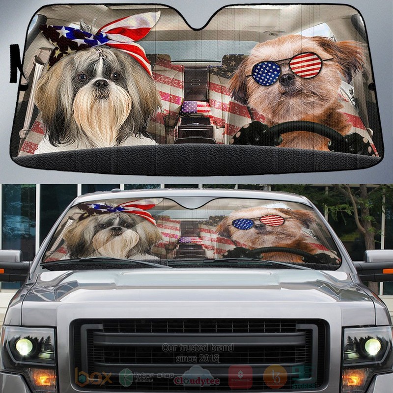 BEST Shih Tzu American Flag Independence Day Car Windshield Sunshade