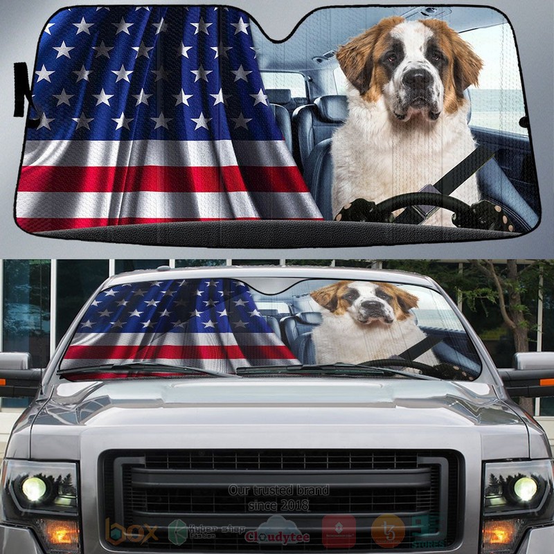 BEST St. Bernard And American Flag Independent Day Car Windshield Sunshade