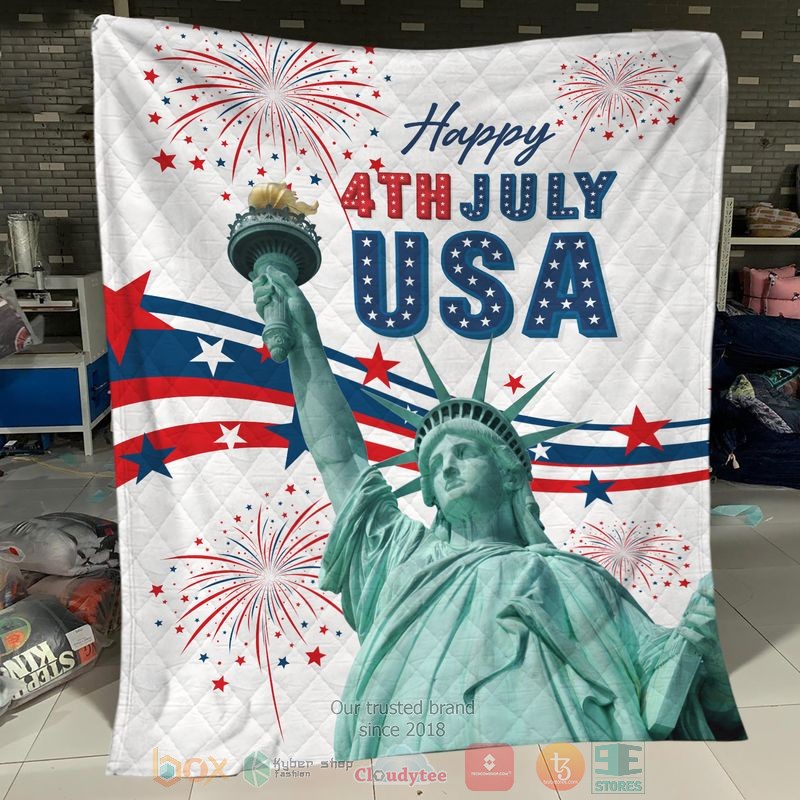 HOT Statue of Liberty Happy 4th July USA Blanket Quilt word2