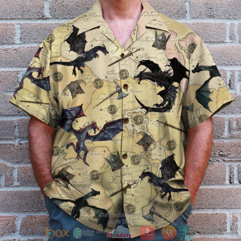 T.E.S. Game Skyrim The Game with Dragons and Old Tamriel Map Pattern Hawaiian Shirt, Short 4 T.E.S. Game Skyrim The Game with Dragons and Old Tamriel Map Pattern Hawaiian Shirt, Short word3