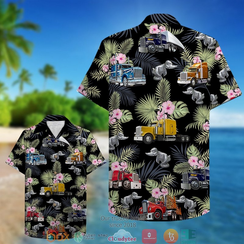 Trucker Semitruck Pattern 1 Black Hawaiian shirt