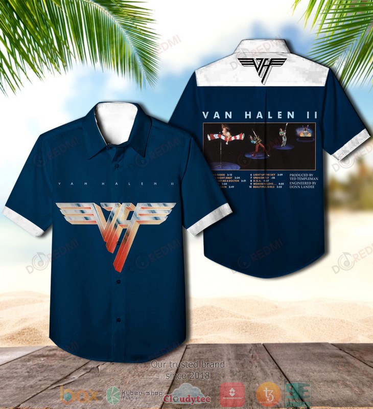 BEST Van Halen II Blue Van Halen Band Aloha Shirt word1