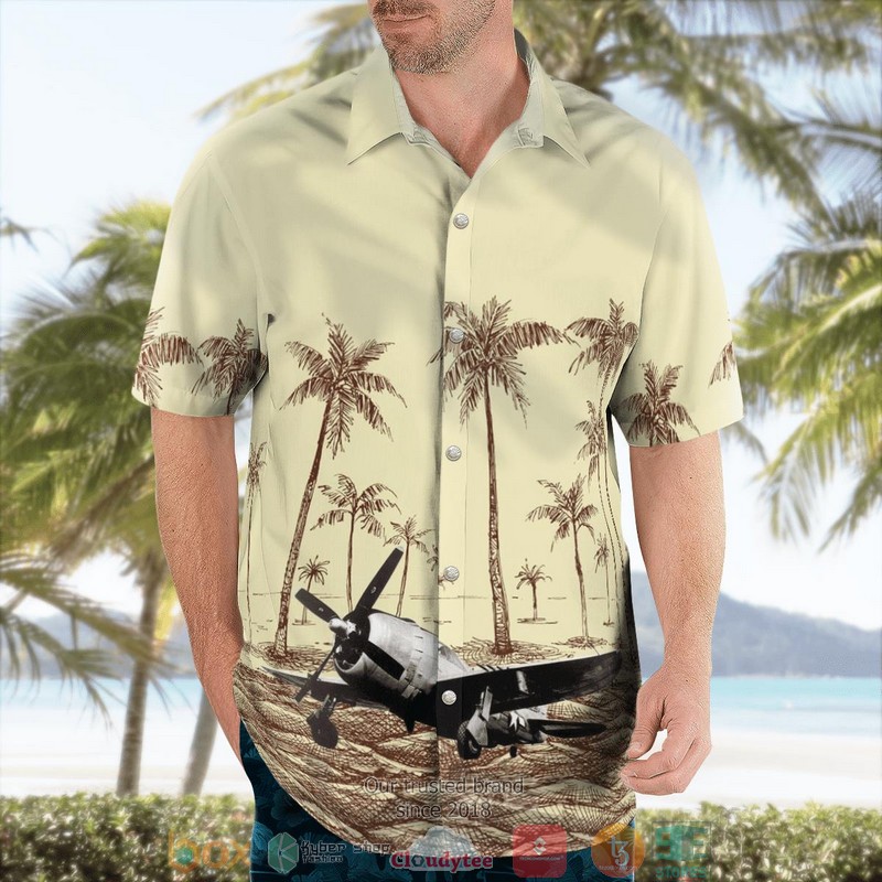 WWII P-47D Razorback Military Aircraft Palm Tree Beach Hawaiian Shirt word2